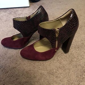 Burgundy leather and suede heels